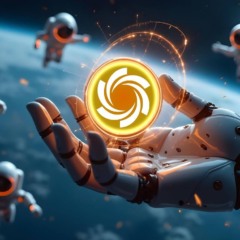 Mão robótica segurando token dourado do Ozak AI no espaço, com astronautas flutuando ao fundo.