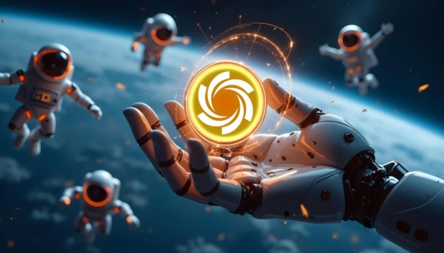 Mão robótica segurando token dourado do Ozak AI no espaço, com astronautas flutuando ao fundo.