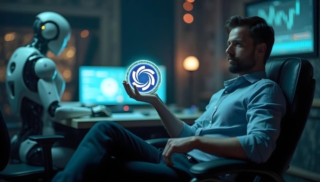 Homem sentado em escritório com um robô ao fundo, segurando holograma do token Ozak AI, representando a integração entre inteligência artificial e criptomoedas.