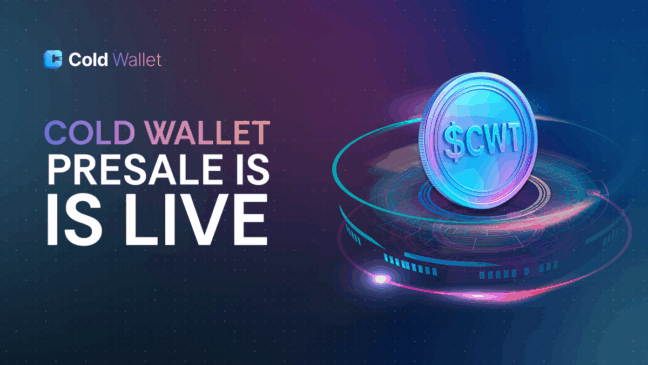 Imagem promocional da Cold Wallet com moeda digital $CWT e texto anunciando que a pré-venda está ativa.