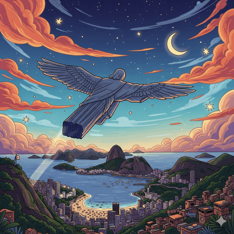 Ilustração do Cristo Redentor voando sobre o Rio de Janeiro ao anoitecer, com o Pão de Açúcar, praias e a cidade iluminada abaixo, sob um céu estrelado com nuvens coloridas e uma lua crescente. Ilustração do Cristo Redentor voando sobre o Rio de Janeiro ao anoitecer, com o Pão de Açúcar, praias e a cidade iluminada abaixo, sob um céu estrelado com nuvens coloridas e uma lua crescente.