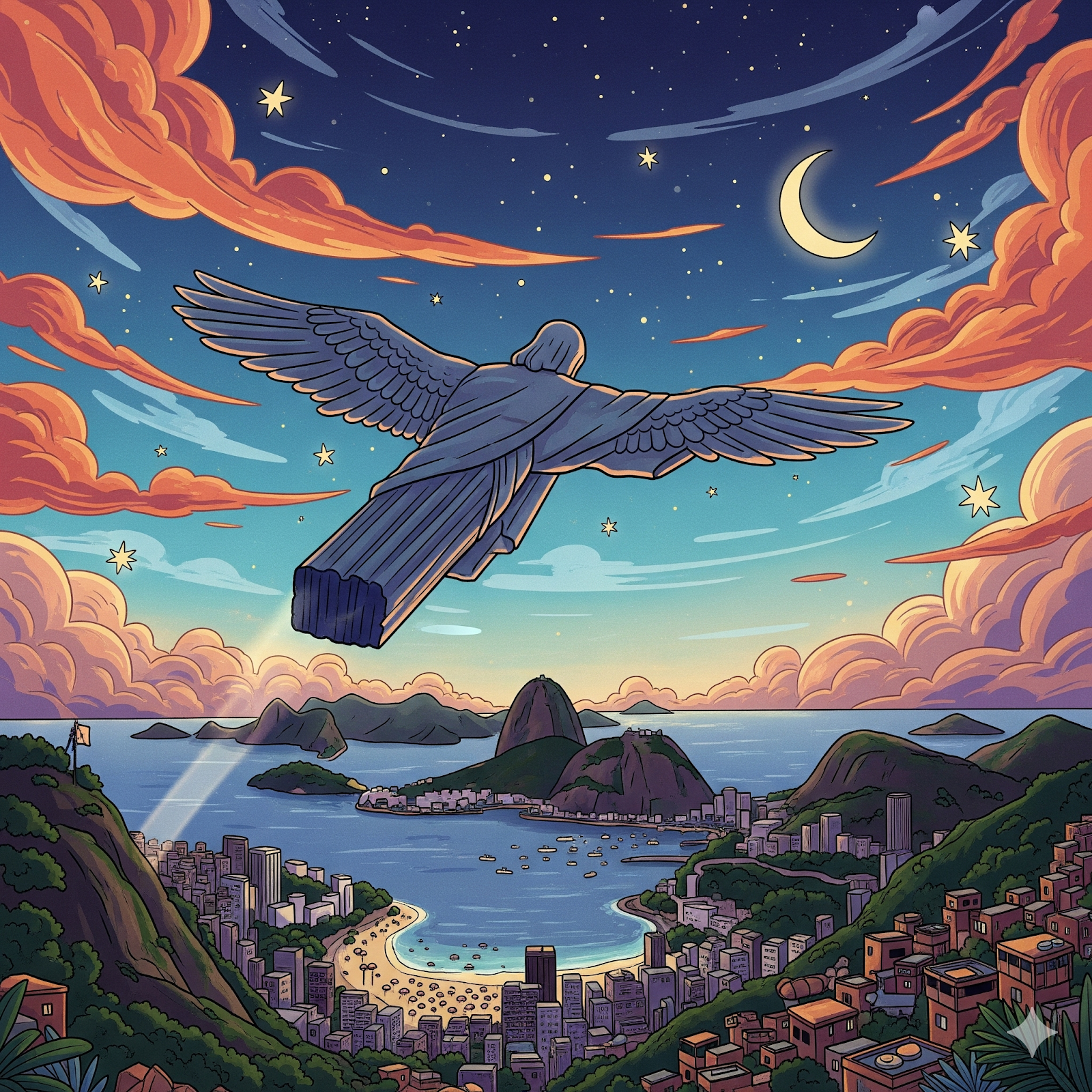 Ilustração do Cristo Redentor voando sobre o Rio de Janeiro ao anoitecer, com o Pão de Açúcar, praias e a cidade iluminada abaixo, sob um céu estrelado com nuvens coloridas e uma lua crescente.