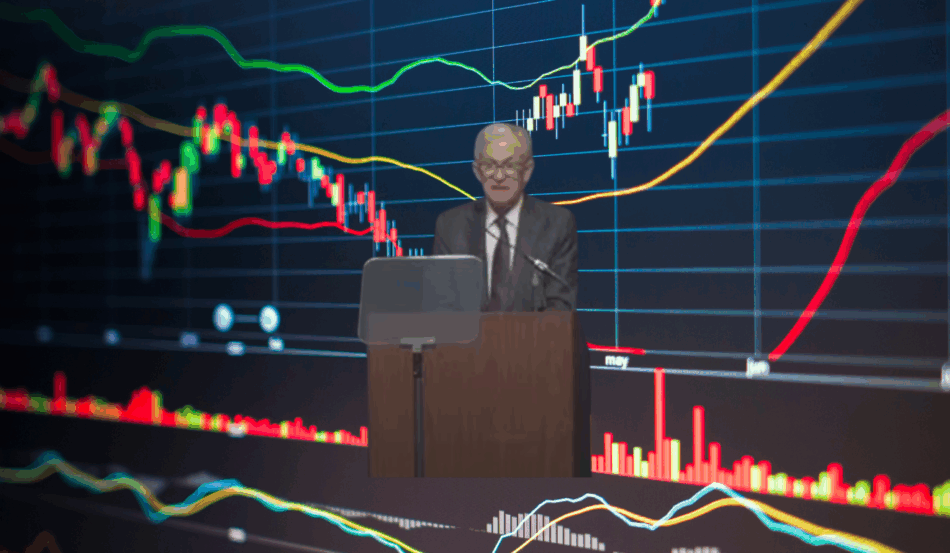 Gráfico financeiro ao fundo com Jerome Powell em discurso sobre política monetária nos EUA. Gráfico financeiro ao fundo com Jerome Powell em discurso sobre política monetária nos EUA.