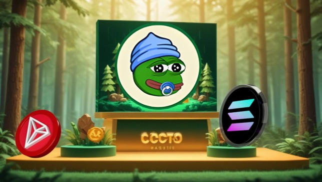 Logo do Little Pepe (LILPEPE) em destaque em um painel no meio de uma floresta, com os símbolos das criptomoedas Tron (TRX) e Solana (SOL) posicionados ao redor.