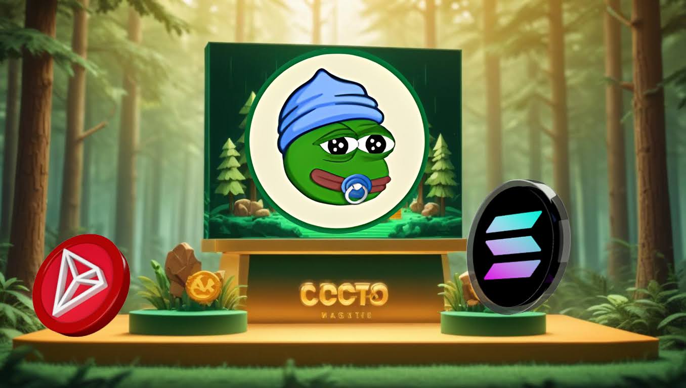 Logo do Little Pepe (LILPEPE) em destaque em um painel no meio de uma floresta, com os símbolos das criptomoedas Tron (TRX) e Solana (SOL) posicionados ao redor.
