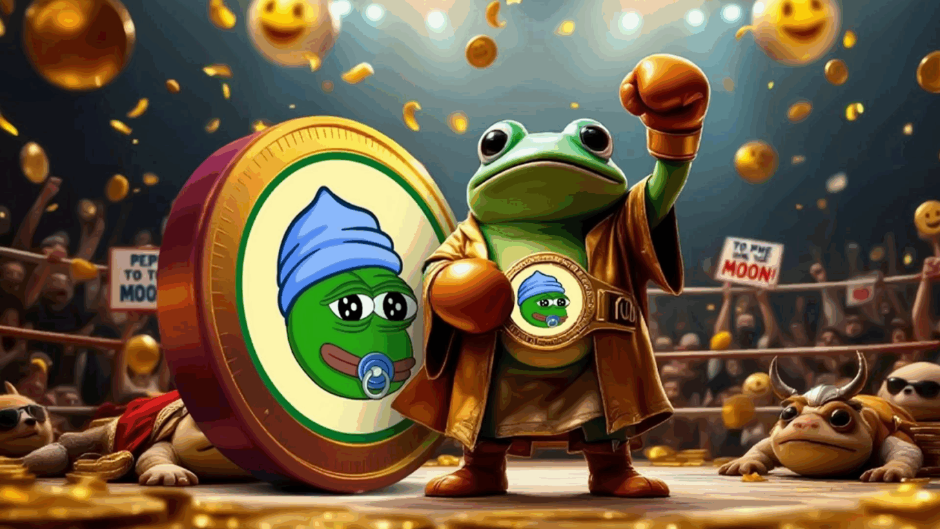 Ilustração do mascote Little Pepe, um sapo boxeador com cinturão dourado, representando o sucesso da pré-venda da criptomoeda $LILPEPE, diante de uma plateia vibrante e moedas douradas no ar.