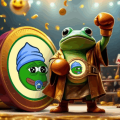 Ilustração do mascote Little Pepe, um sapo boxeador com cinturão dourado, representando o sucesso da pré-venda da criptomoeda $LILPEPE, diante de uma plateia vibrante e moedas douradas no ar.