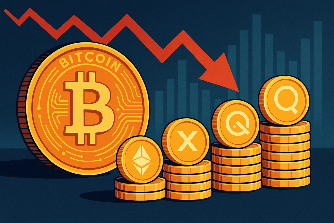 Ilustração de Bitcoin em queda com moedas digitais ao lado, representando oportunidades em criptomoedas.