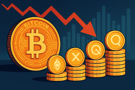 Ilustração de Bitcoin em queda com moedas digitais ao lado, representando oportunidades em criptomoedas.