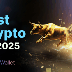 Imagem ilustrativa com logos de Cold Wallet, SUI, BNB e DOGE representando criptomoedas promissoras para 2025.