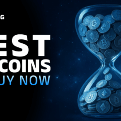 Ampulheta cheia de moedas de criptomoedas com os logos do Bitcoin, Ethereum e outras altcoins, acompanhada do texto "Best Altcoins to Buy Now" e logotipo do BlockDAG.