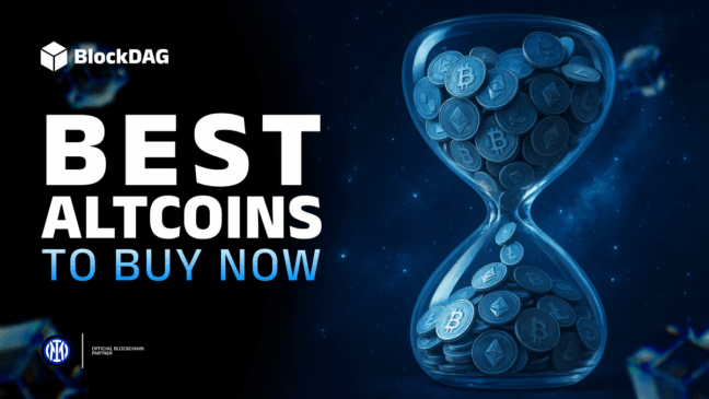 Ampulheta cheia de moedas de criptomoedas com os logos do Bitcoin, Ethereum e outras altcoins, acompanhada do texto "Best Altcoins to Buy Now" e logotipo do BlockDAG.
