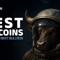 Touro em traje espacial representando a bull run cripto de 2025 com BlockDAG, Solana, Shiba Inu e Uniswap como melhores criptos agora.