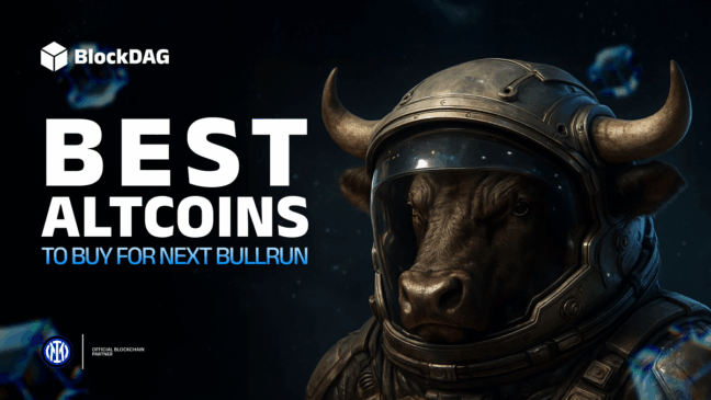 Touro em traje espacial representando a bull run cripto de 2025 com BlockDAG, Solana, Shiba Inu e Uniswap como melhores criptos agora.