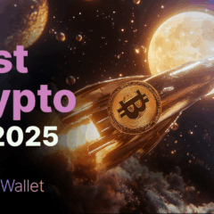 Foguete dourado com símbolo do Bitcoin voando em direção à lua, destacando "Best Crypto For 2025" e o logotipo da Cold Wallet.