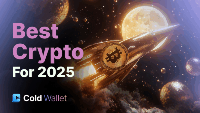 Foguete dourado com símbolo do Bitcoin voando em direção à lua, destacando "Best Crypto For 2025" e o logotipo da Cold Wallet.