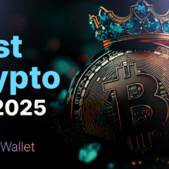 Imagem de uma moeda Bitcoin com coroa de pedras azuis, destacando o texto “Best Crypto for 2025” e o logotipo da Cold Wallet no canto inferior esquerdo.
