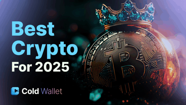 Imagem de uma moeda Bitcoin com coroa de pedras azuis, destacando o texto “Best Crypto for 2025” e o logotipo da Cold Wallet no canto inferior esquerdo.