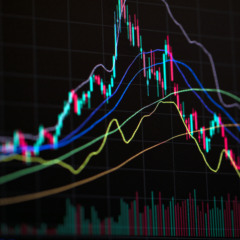 Gráfico de velas da bolsa de valores em um monitor, com linhas coloridas representando médias móveis. O gráfico mostra barras verdes indicando alta e barras vermelhas indicando baixa, refletindo a volatilidade do mercado financeiro.