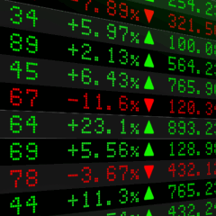 Gráfico de painel digital do mercado financeiro com números e porcentagens em verde e vermelho, indicando alta no Ibovespa.