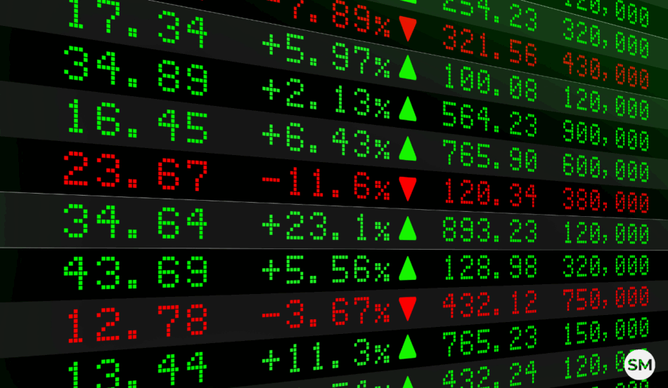 Gráfico de painel digital do mercado financeiro com números e porcentagens em verde e vermelho, indicando alta no Ibovespa. Gráfico de painel digital do mercado financeiro com números e porcentagens em verde e vermelho, indicando alta no Ibovespa.