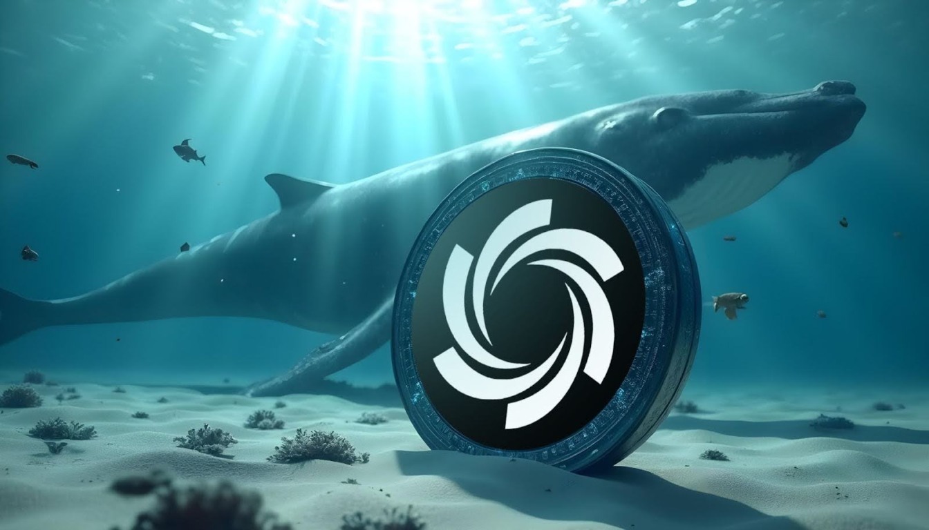 Moeda digital Ozak AI em destaque no fundo do mar com uma baleia ao fundo, representando crescimento e poder no mercado cripto.
