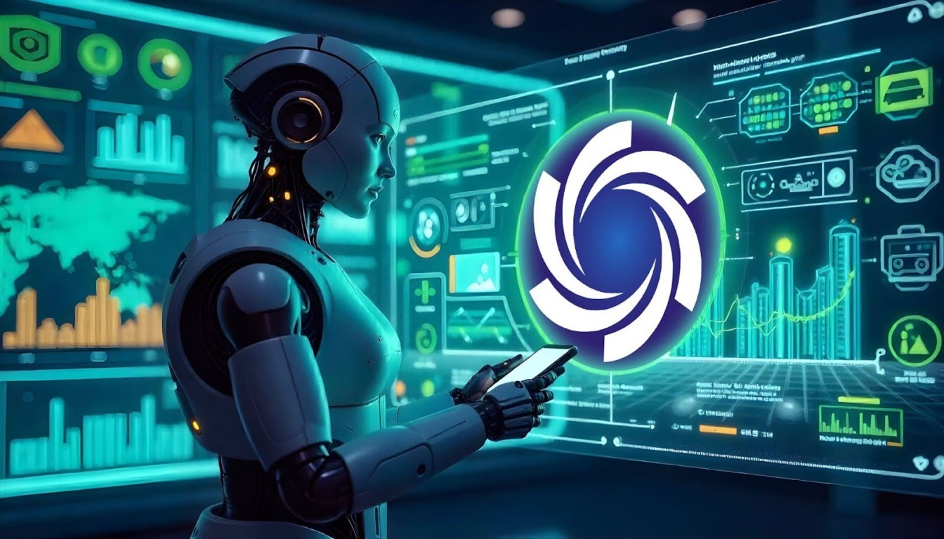 Robô analisando gráficos digitais com o logotipo do Ozak AI em destaque, representando a fusão entre inteligência artificial e blockchain no Coinfest Asia 2025.