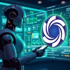 Robô analisando gráficos digitais com o logotipo do Ozak AI em destaque, representando a fusão entre inteligência artificial e blockchain no Coinfest Asia 2025.