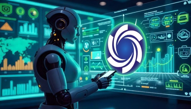 Robô analisando gráficos digitais com o logotipo do Ozak AI em destaque, representando a fusão entre inteligência artificial e blockchain no Coinfest Asia 2025.