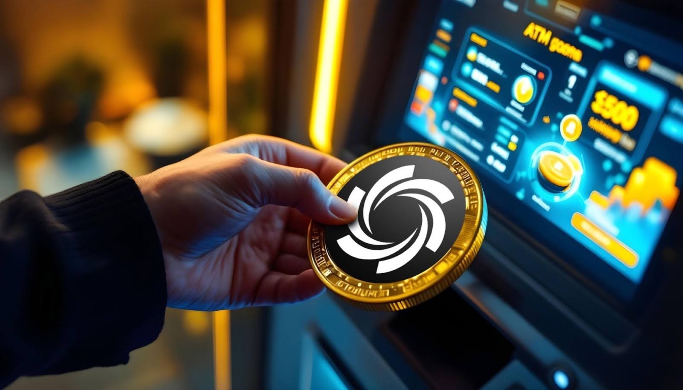Mão segurando moeda digital dourada da Ozak AI em frente a tela de negociação cripto com gráficos e dados.