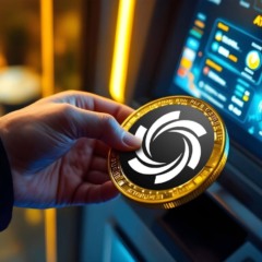 Mão segurando moeda digital dourada da Ozak AI em frente a tela de negociação cripto com gráficos e dados.