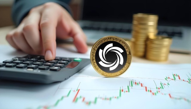 Moeda digital dourada do Ozak AI sobre gráfico de velas financeiras, com mão digitando em calculadora e pilhas de moedas ao fundo.