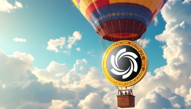 Ilustração de um balão de ar quente transportando uma moeda dourada com o logotipo da Ozak AI, representando o potencial de alta da criptomoeda.