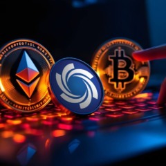 Moedas digitais representando Ethereum, Ozak AI e Bitcoin sobre teclado iluminado, simbolizando inovação e valorização no mercado de criptomoedas.