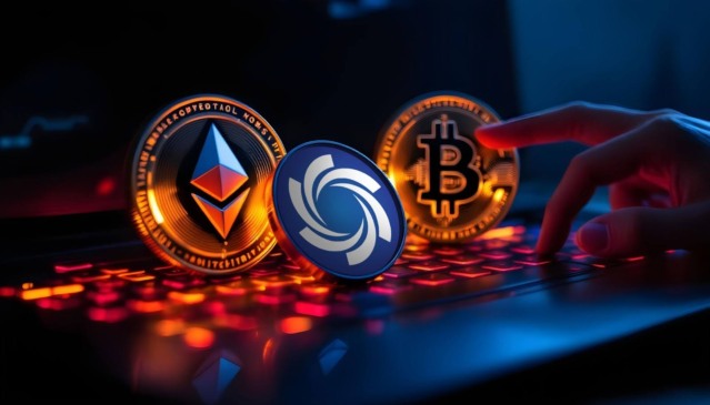 Moedas digitais representando Ethereum, Ozak AI e Bitcoin sobre teclado iluminado, simbolizando inovação e valorização no mercado de criptomoedas.