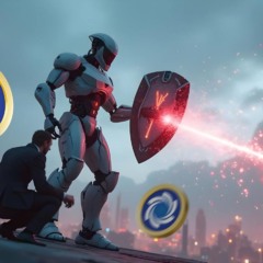 Robô com escudo de energia defendendo um investidor ajoelhado, com moedas da Ozak AI flutuando e um feixe de laser no céu da cidade futurista.