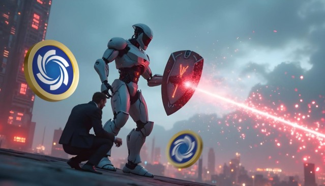 Robô com escudo de energia defendendo um investidor ajoelhado, com moedas da Ozak AI flutuando e um feixe de laser no céu da cidade futurista.