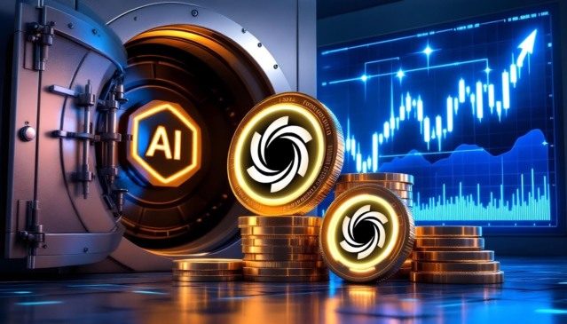 Moedas digitais Ozak AI diante de cofre com símbolo de inteligência artificial e gráfico de alta representando crescimento no mercado cripto em 2025.