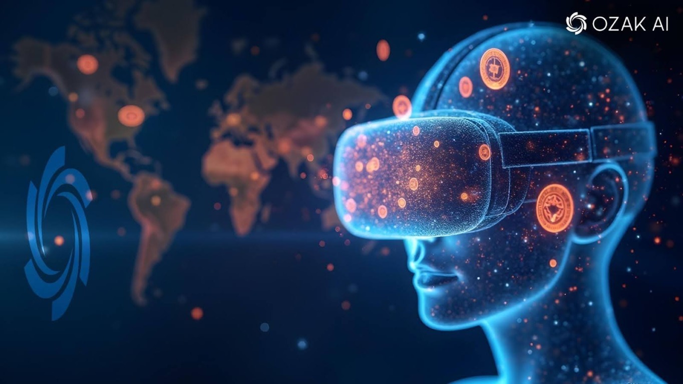 Ilustração digital de uma figura humana com óculos de realidade virtual, símbolos de criptomoedas flutuando ao redor e o logotipo da Ozak AI, representando inovação em inteligência artificial e blockchain.