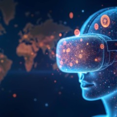 Ilustração digital de uma figura humana com óculos de realidade virtual, símbolos de criptomoedas flutuando ao redor e o logotipo da Ozak AI, representando inovação em inteligência artificial e blockchain.