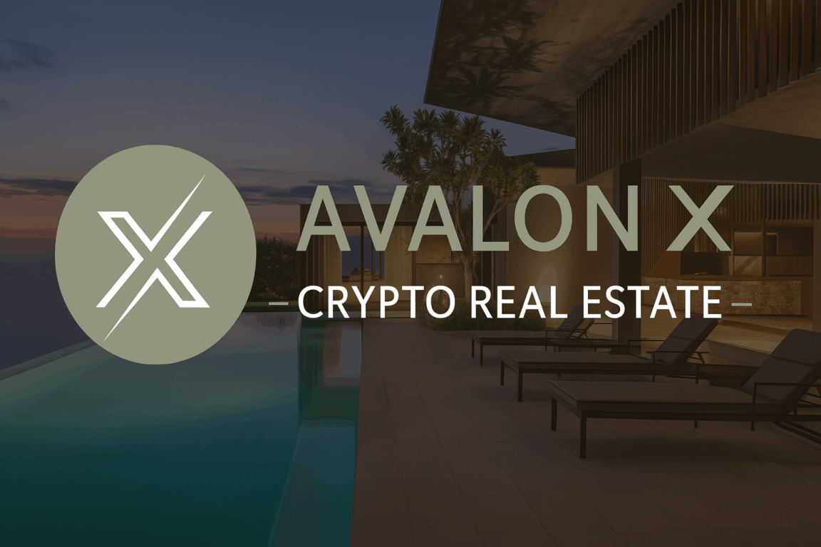 Logo da Avalon X sobre fundo de resort moderno com piscina à beira-mar, representando o projeto de imóveis tokenizados em blockchain e o crescimento dos RWAs.