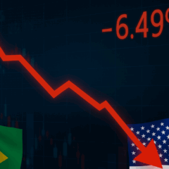Seta vermelha em queda com gráficos financeiros ao fundo, representando a crise entre Brasil e EUA e a desvalorização do Ibovespa