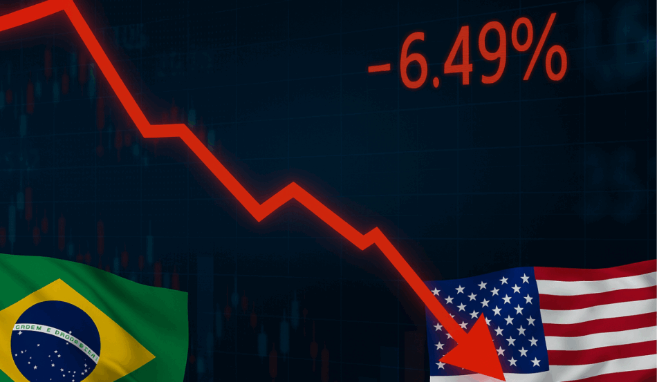 Seta vermelha em queda com gráficos financeiros ao fundo, representando a crise entre Brasil e EUA e a desvalorização do Ibovespa