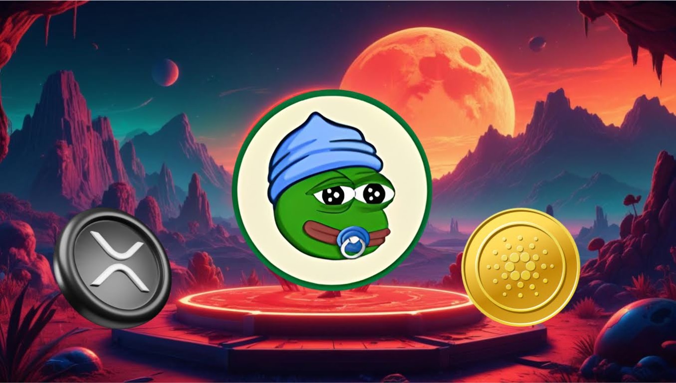 Imagem de capa mostrando o meme coin Little Pepe (LILPEPE) ao centro, com os logos das criptomoedas Ripple (XRP) à esquerda e Cardano (ADA) à direita, em um cenário alienígena com montanhas e lua vermelha ao fundo.