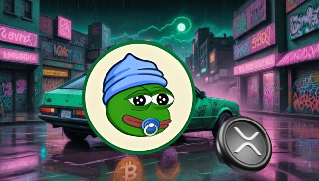 Ilustração mostrando o mascote Little Pepe (LILPEPE) em destaque, com símbolo da Ripple (XRP) ao lado, em cenário urbano noturno com grafites e referências a criptomoedas, simbolizando a ascensão do LILPEPE enquanto o XRP perde força no mercado.