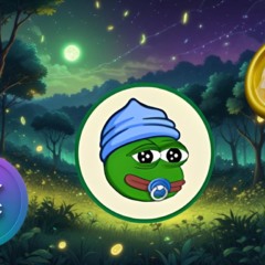 Ilustração em uma floresta noturna iluminada por moedas douradas, com os logotipos das criptomoedas Solana, Dogecoin e Little Pepe destacados no centro.