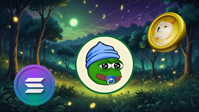 Ilustração em uma floresta noturna iluminada por moedas douradas, com os logotipos das criptomoedas Solana, Dogecoin e Little Pepe destacados no centro.