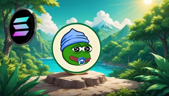 Logotipo do token Little Pepe com chapéu azul e chupeta, em destaque sobre um pedestal em meio à floresta tropical, com o logo da Solana à esquerda e montanhas ao fundo sob céu ensolarado.