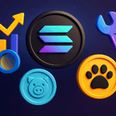Logo da Solana cercado por ícones de criptomoedas, incluindo moedas meme e ferramentas de análise, representando o crescimento e tendências do mercado cripto em 2025.