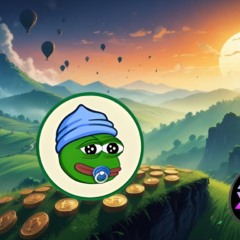 Ilustração de moedas de criptomoedas mostrando os símbolos do Shiba Inu, Little Pepe e Solana em um campo montanhoso ao pôr do sol, representando a competição entre tokens meme e Solana.
